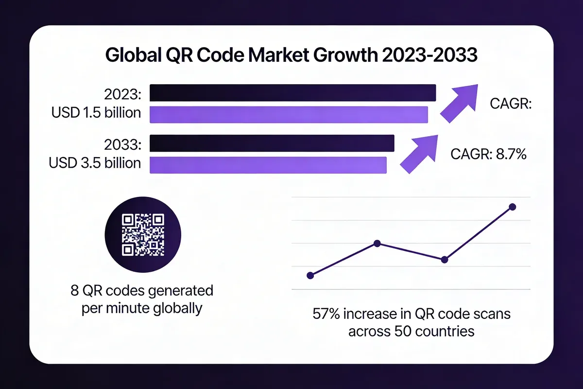 Infographic showing global QR code market growth from USD 1.5 billion in 2023 to projected USD 3.5 billion by 2033 at 8.7 percent CAGR with 8 QR codes generated per minute and 57 percent scan increase across 50 countries