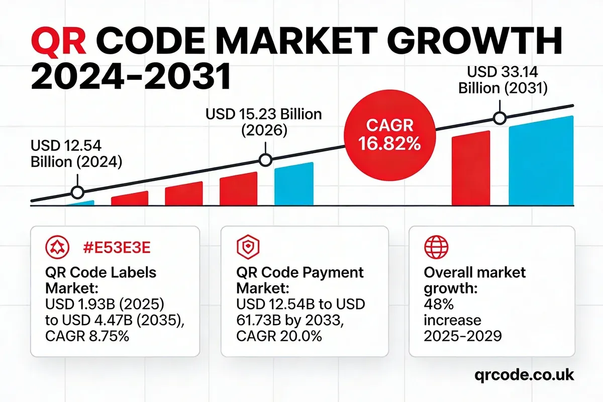 QR code market growth infographic showing market size from USD 12.54 billion in 2024 to USD 33.14 billion by 2031 at 16.82% CAGR