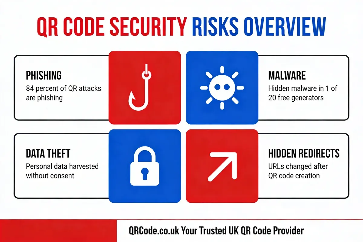 Infographic showing four main QR code security risks: phishing and quishing attacks, malware distribution, data theft, and hidden URL redirects, with key statistics for each threat category