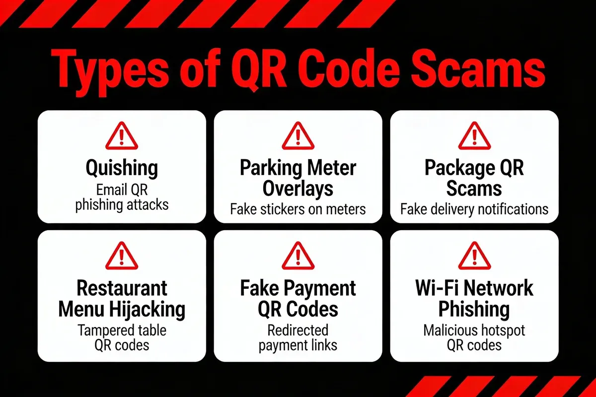 Infographic showing six common types of QR code scams including quishing and payment fraud