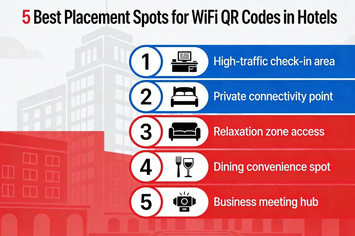Infographic showing five best placement spots for WiFi QR codes in hotels including reception and rooms