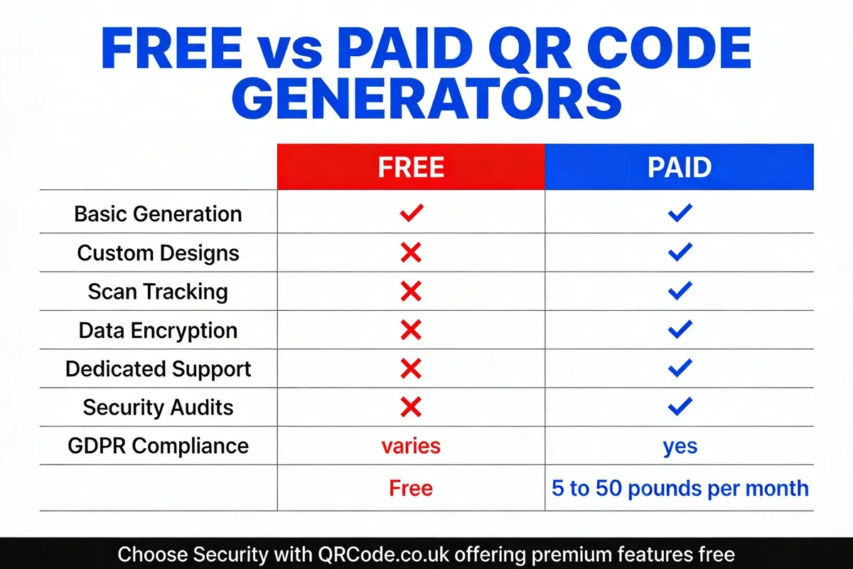 Comparison infographic of free versus paid QR code generators showing feature differences across custom designs, scan tracking, dynamic editing, data encryption, dedicated support, security audits, and GDPR compliance