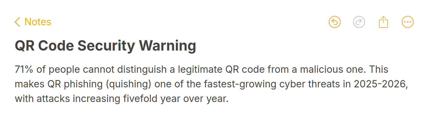 Apple Notes style screenshot highlighting that 71% of people cannot distinguish a legitimate QR code from a malicious one
