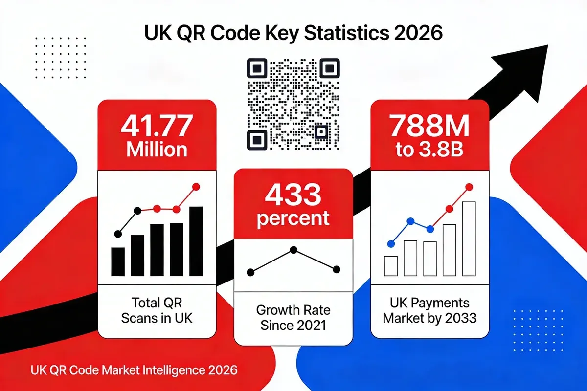Infographic displaying UK QR code key statistics for 2026, including 41.77 million total scans, 433% growth increase, and UK payments market projected from $788M to $3.8B by 2033