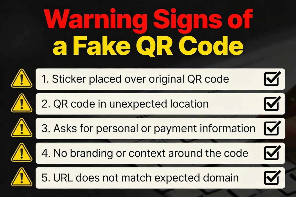 Warning checklist infographic showing five red flags of fake QR codes to watch for