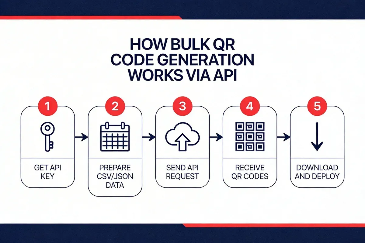 Infographic showing how bulk QR code generation works via API in 5 steps