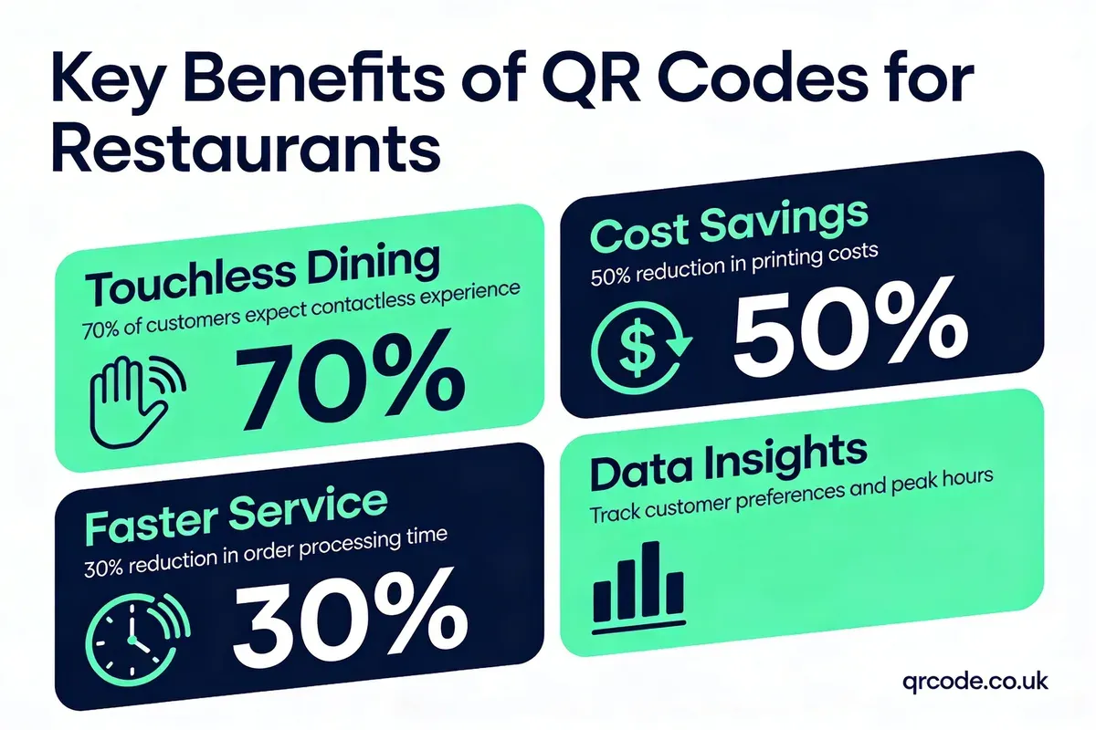 Infographic showing key benefits of QR codes for restaurants: 70% of customers expect touchless dining, 50% reduction in printing costs, 30% faster order processing, and enhanced data insights