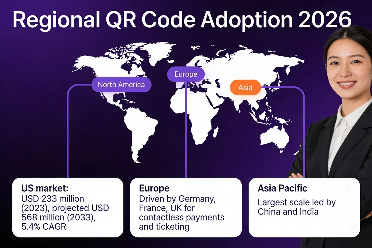Infographic showing regional QR code adoption in 2026 with North America US market at USD 233 million growing to USD 568 million by 2033, Europe driven by Germany France and UK, and Asia Pacific led by China and India