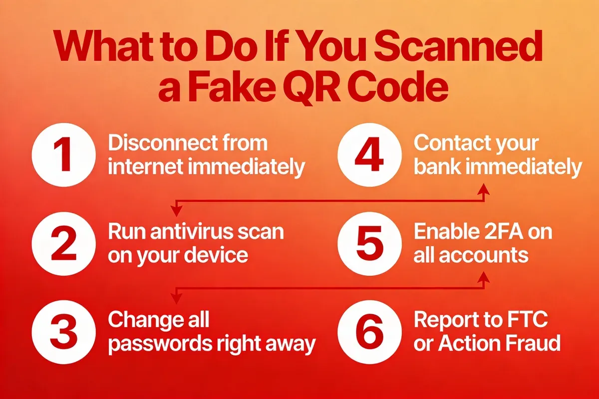 Emergency steps infographic with six actions to take after scanning a fake QR code