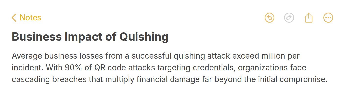 Apple Notes style screenshot showing that average business losses from a successful quishing attack exceed 1 million dollars per incident