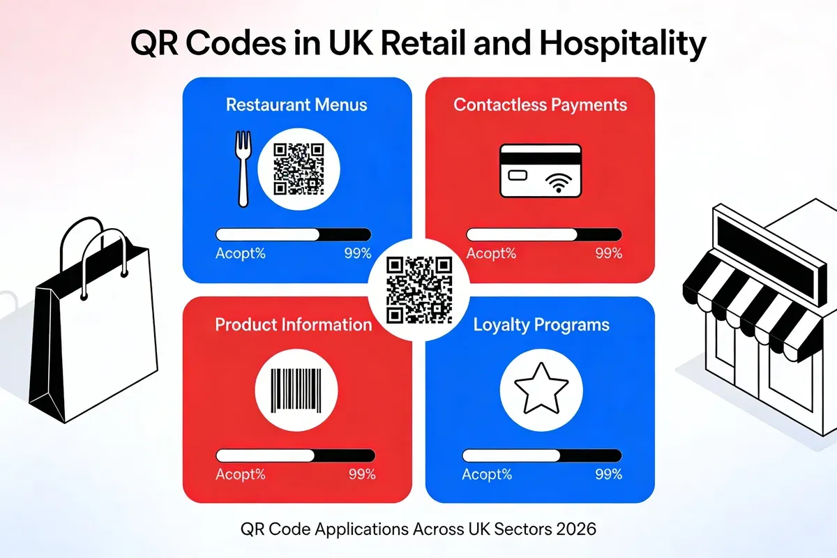 Infographic showing QR code applications in UK retail and hospitality sectors, covering restaurant menus, contactless payments, product information, and loyalty programs with adoption percentages