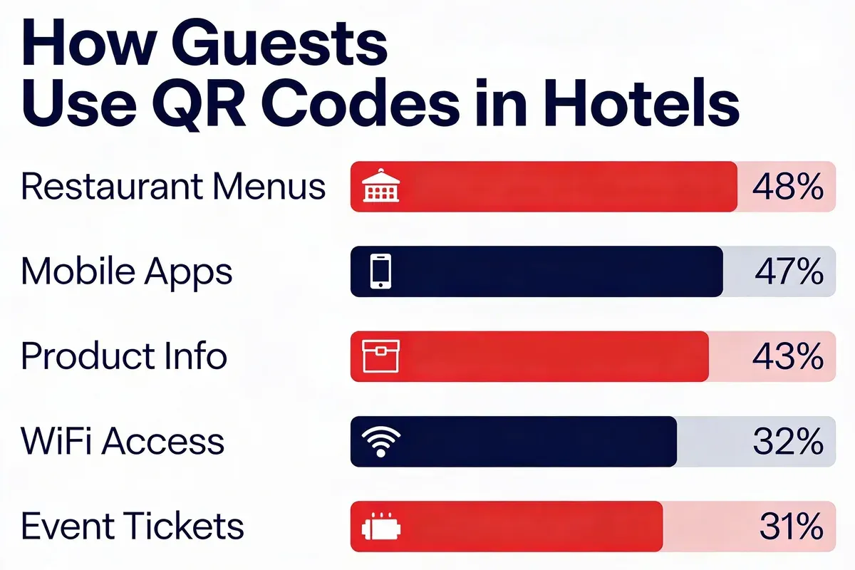 Infographic bar chart showing how guests use QR codes in hotels: 48% restaurant menus, 47% mobile apps, 43% product info, 32% WiFi access, 31% event tickets