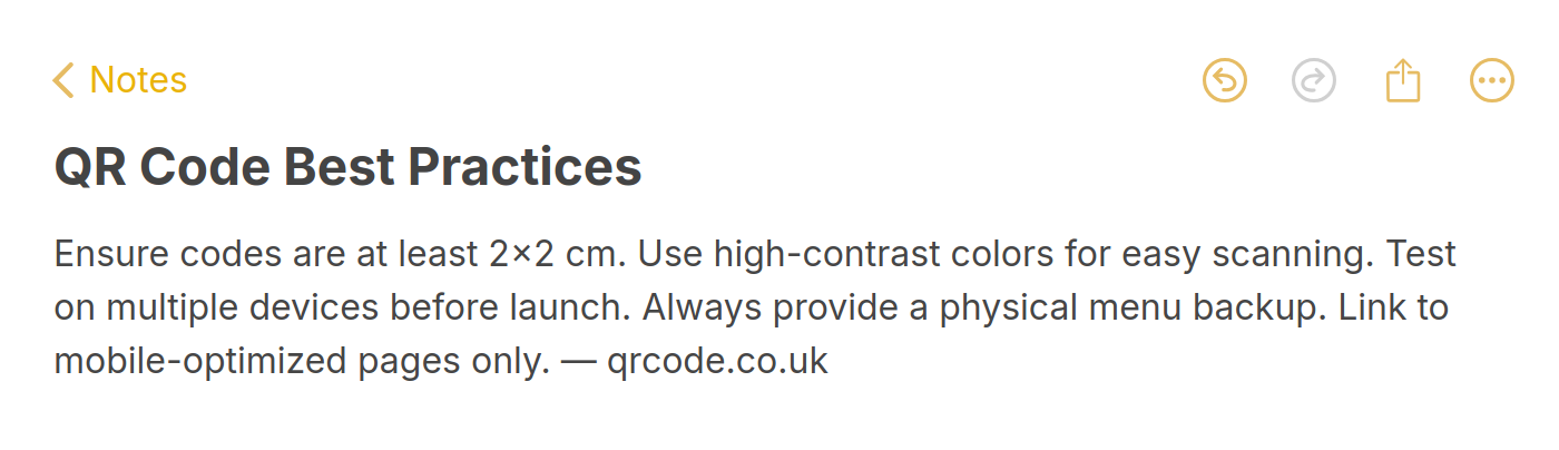QR code best practices checklist for restaurants: minimum 2x2 cm size, high-contrast colors, multi-device testing, physical menu backup, mobile-optimized links