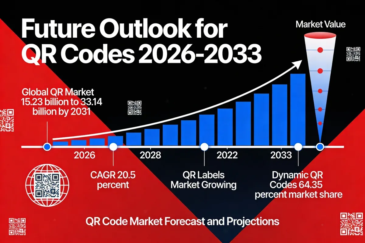 Infographic showing future outlook for QR codes from 2026 to 2033, with global market forecast from $15.23B to $33.14B by 2031, 20.5% CAGR, and dynamic QR codes holding 64.35% market share