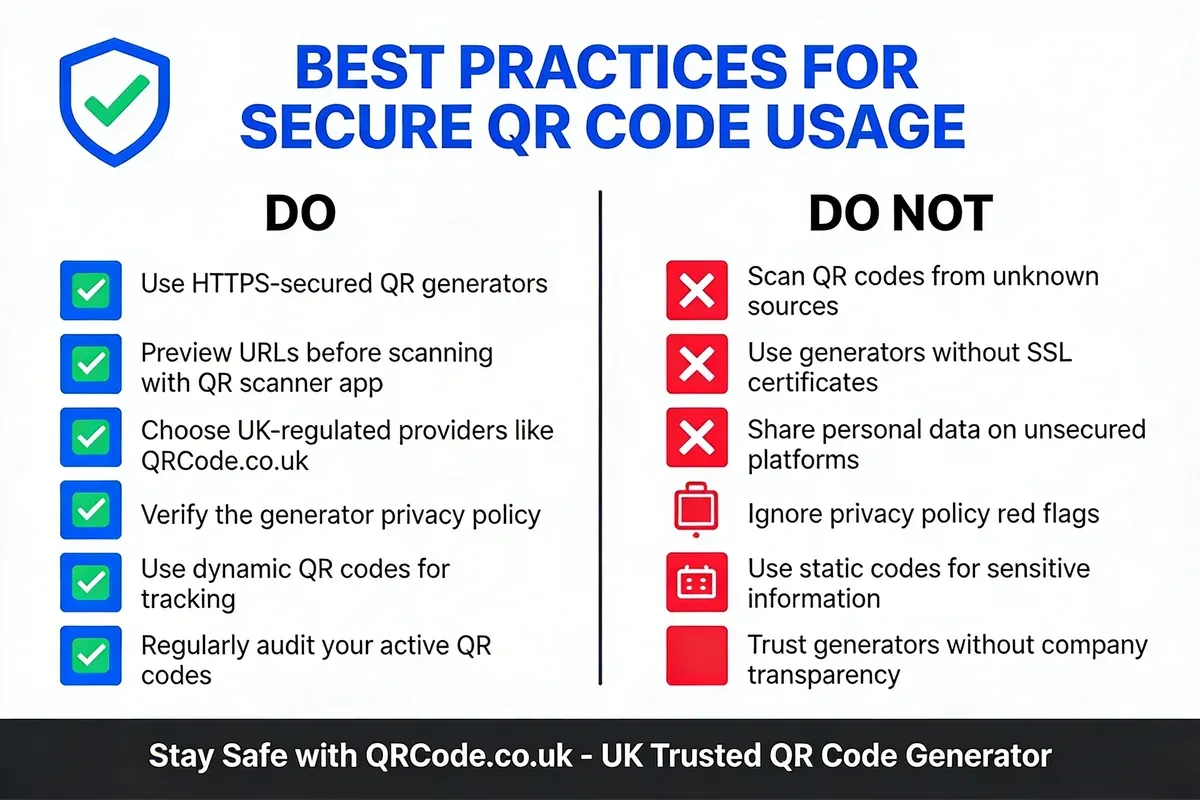 Best practices infographic for secure QR code usage showing a do and do not comparison: use HTTPS-secured generators, preview URLs before scanning, choose UK-regulated providers, versus scanning unknown QR codes, using generators without SSL, and sharing personal data on unsecured platforms