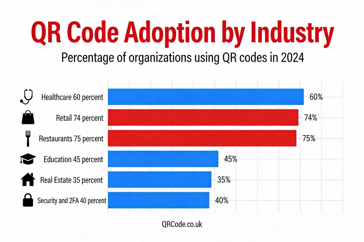 Infographic comparing QR code adoption rates across industries including healthcare at 60 percent, retail at 74 percent, restaurants at 75 percent, education at 45 percent, real estate at 35 percent, and security 2FA at 40 percent