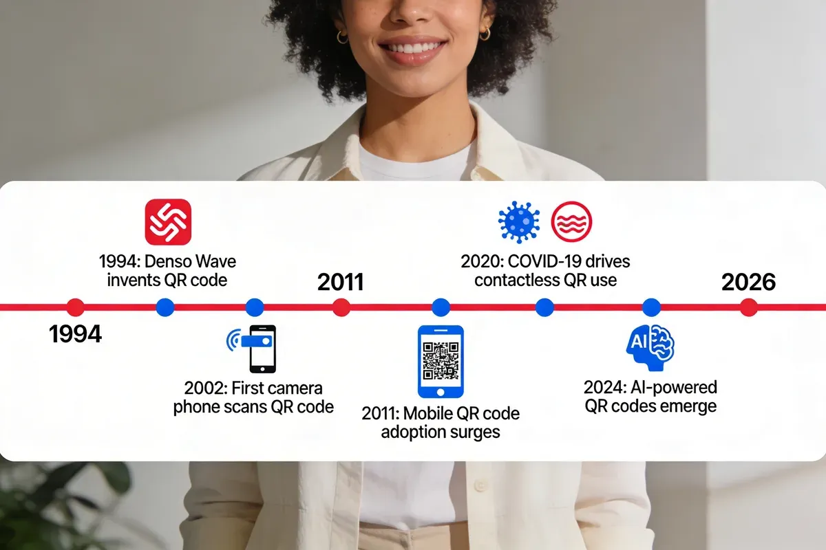 Infographic timeline showing QR code history from 1994 Denso Wave invention through 2002 camera phone scanning, 2011 mobile adoption, 2020 COVID contactless boom, to 2024 AI-powered QR codes
