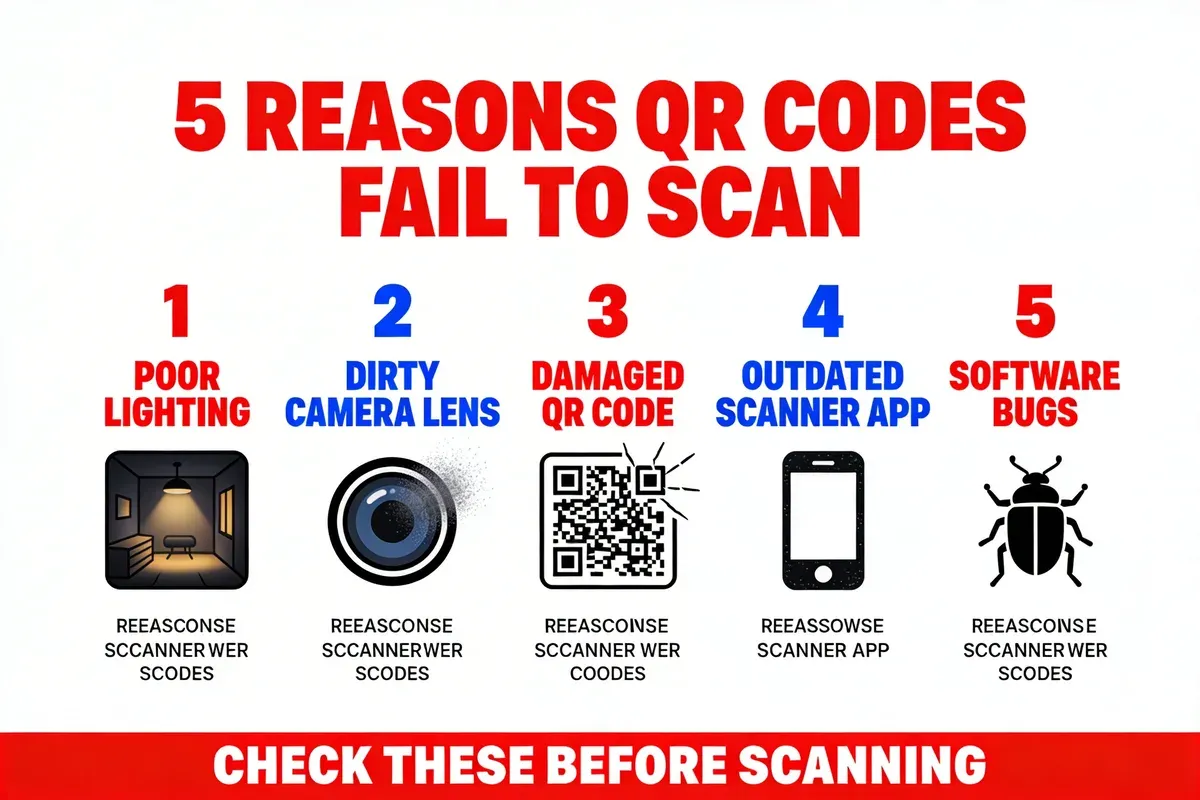 Infographic showing five common reasons QR codes fail to scan including lighting and lens issues