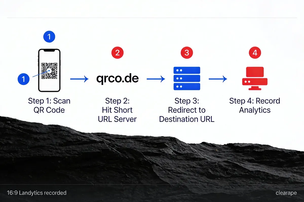 Flow diagram showing four steps of dynamic QR code redirection from smartphone scan through short URL server to destination with analytics tracking