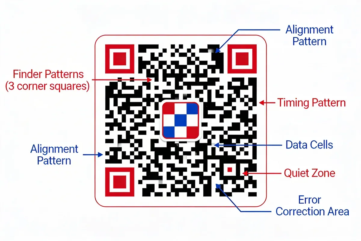 Educational diagram showing QR code anatomy with labeled parts including finder patterns, alignment pattern, timing pattern, data cells, quiet zone, and error correction area