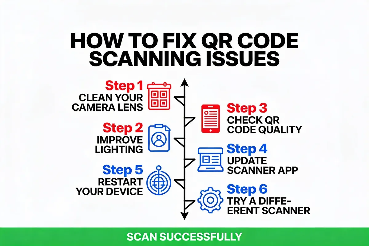Step-by-step infographic showing six solutions to fix QR code scanning problems