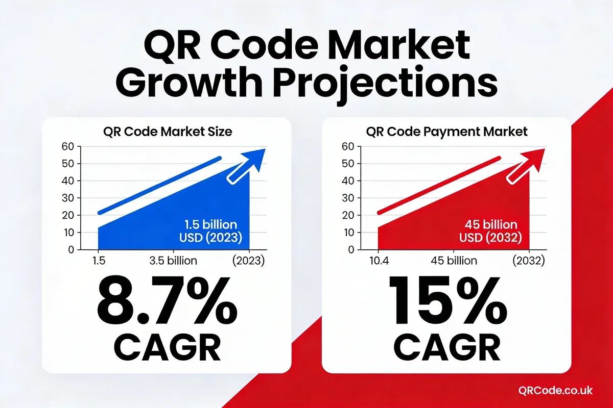 Infographic showing QR code market growth projections with overall market growing from 1.5 billion USD in 2023 to 3.5 billion USD in 2033 at 8.7 percent CAGR and payment market from 10.4 billion to 45 billion USD by 2032