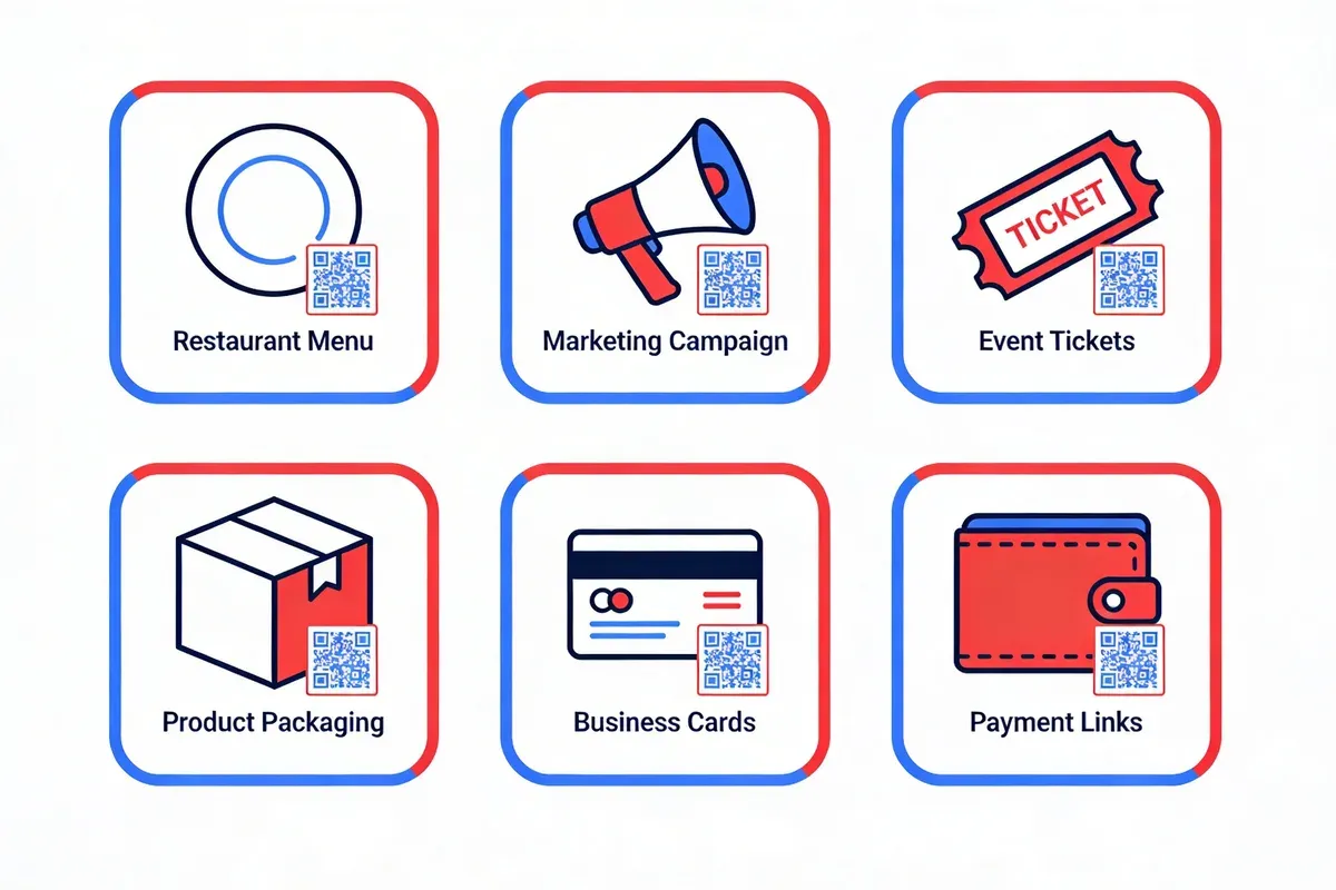 Grid infographic showing six dynamic QR code use cases including restaurant menus marketing campaigns event tickets product packaging business cards and payment links